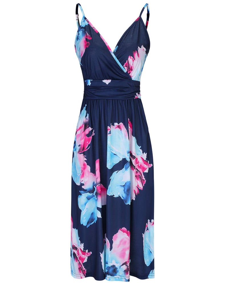 OUGES Women's Summer Spaghetti Strap V-Neck Floral Midi Casual Dress with Pockets(Floral01-452,S) - Image 2